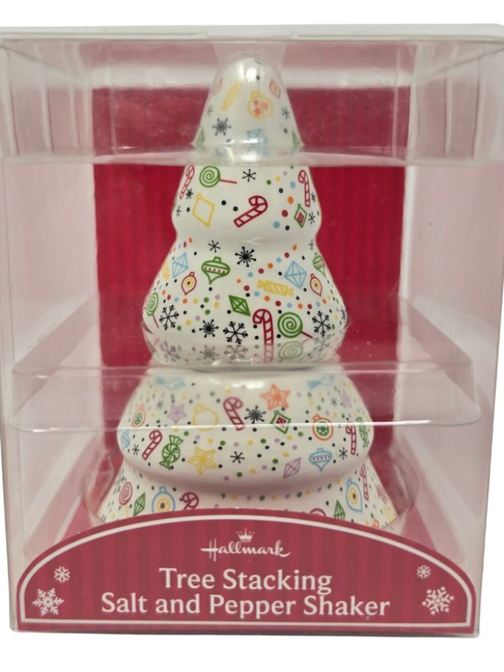 Vtg New Hallmark 4" Christmas Whimsy Tree Stacking Salt & Pepper Shakers Ceramic